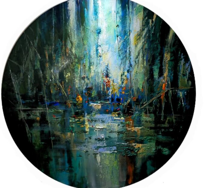 Paradise garden, mixed media, Disc format 152 cm in diameter