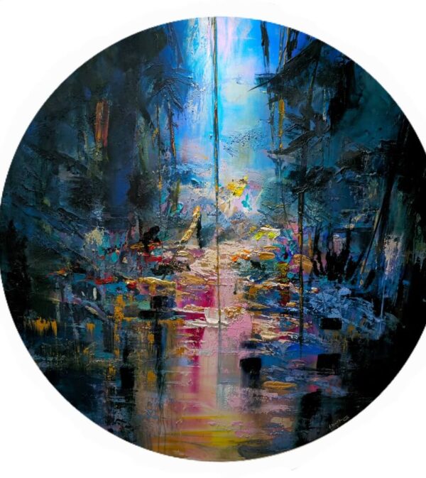 Paradise garden, mixed media, Disc format 152 cm in diameter, by Aziz BENJA .2024