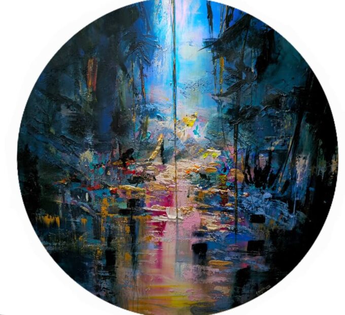 Paradise garden, mixed media, Disc format 152 cm in diameter, by Aziz BENJA .2024